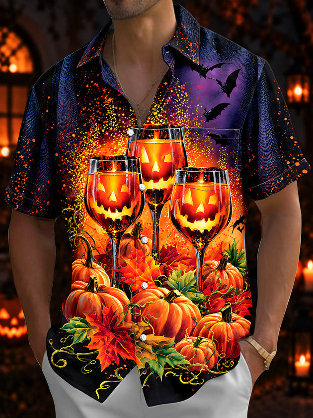 Adaychic Men's Short Sleeve Shirt - Halloween Jack-o-lantern Wine Glasses And Pumpkins Print with Chest Pocket
