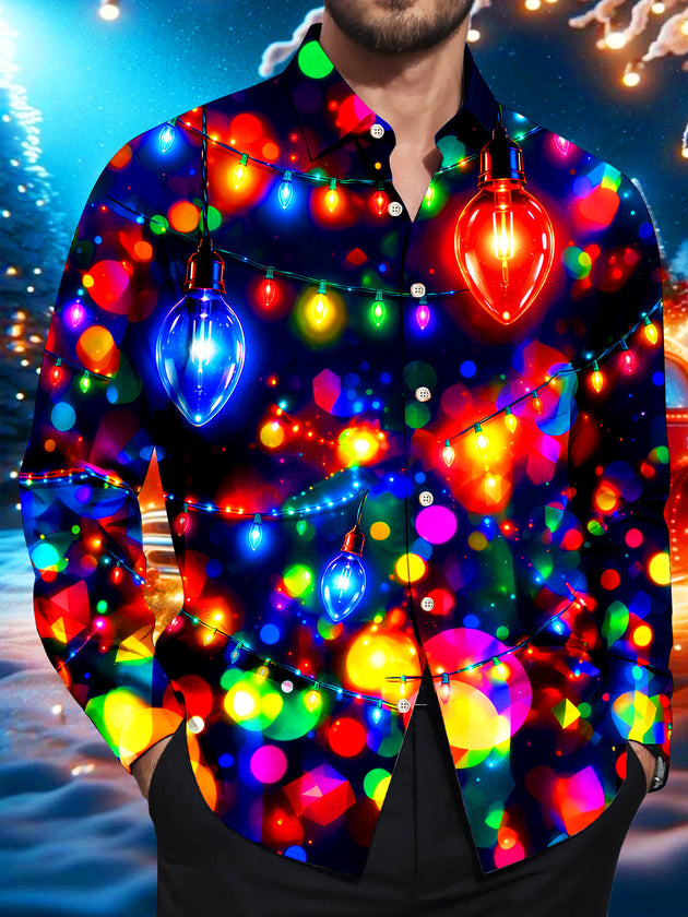 Adaychic Men's Colorful Christmas Light Bulbs And Bokeh Print Long Sleeve Shirt with Chest Pocket