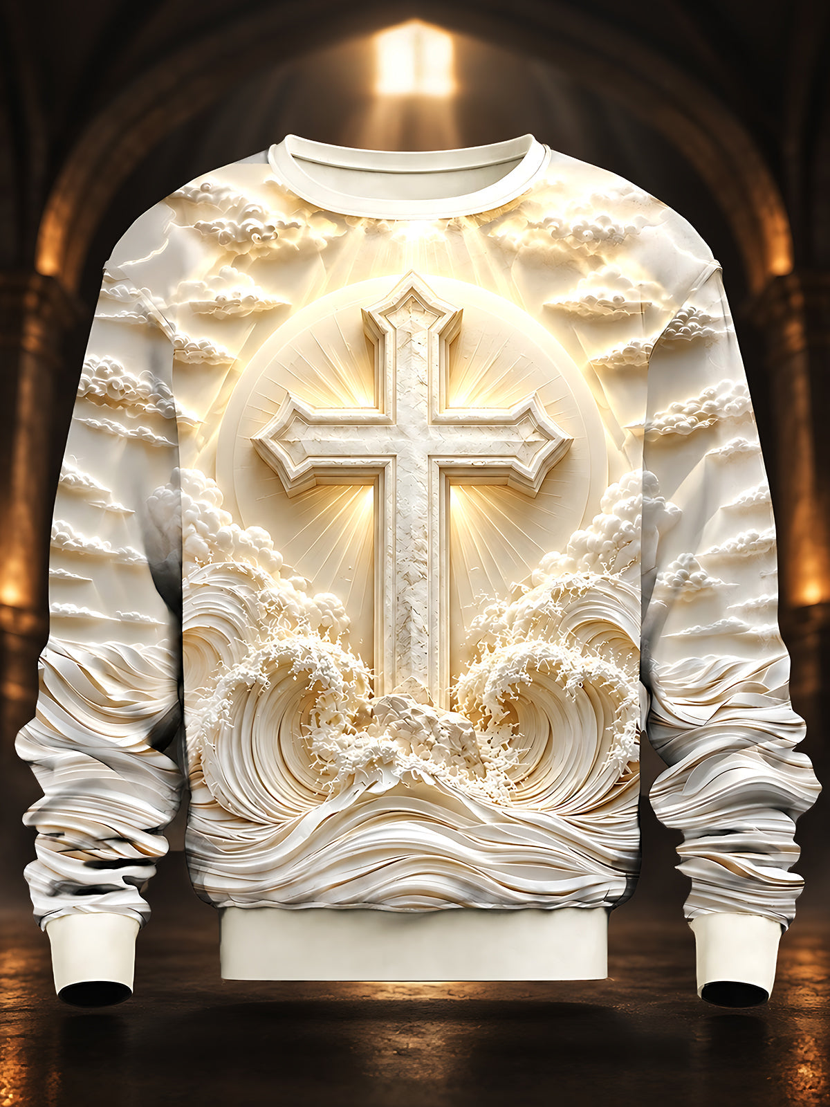Adaychic Men's Graphic Religious Cross And Waves Print Long Sleeve Sweatshirt