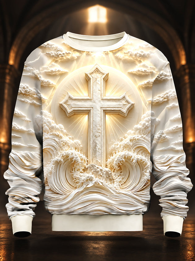 Adaychic Men's Graphic Religious Cross And Waves Print Long Sleeve Sweatshirt