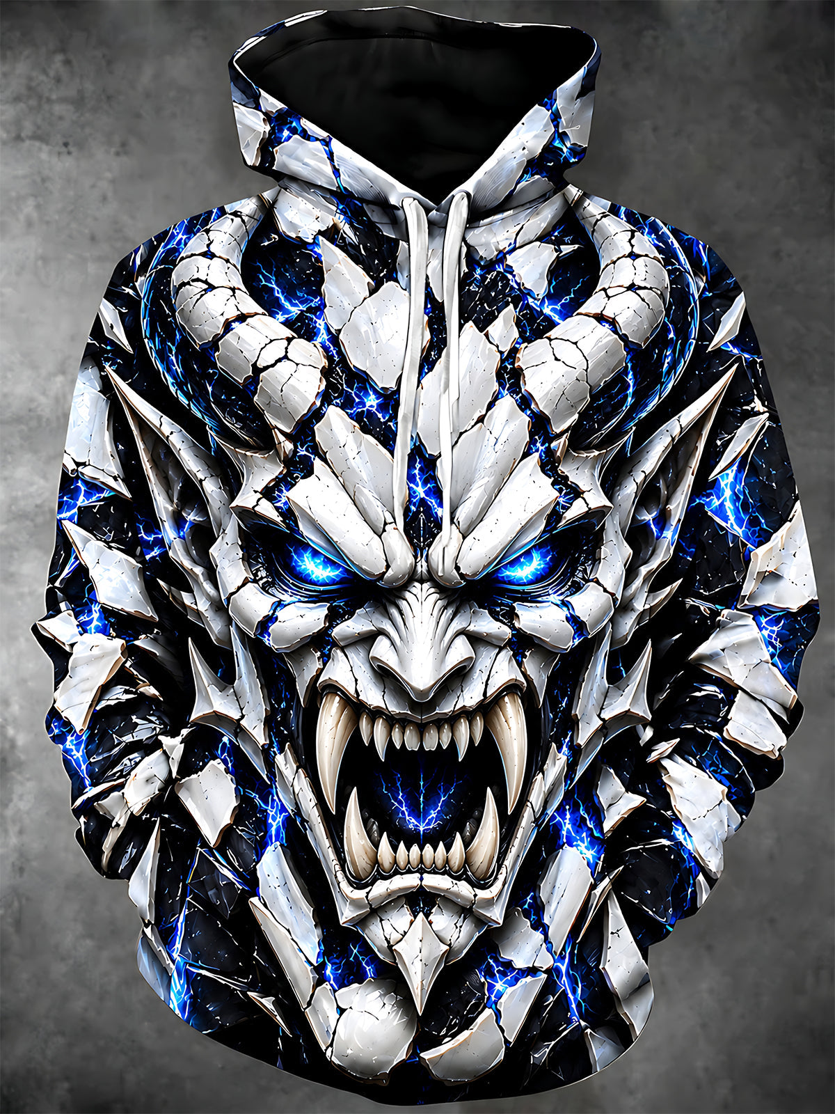 Adaychic Men's Long Sleeve Hoodie - Demon Face With Cracked Stone Texture And Blue Lightning Print