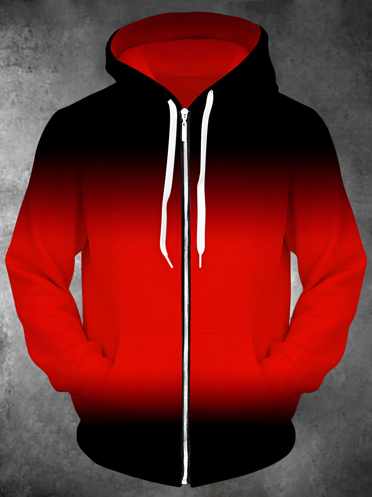 Adaychic Men's Gradient Black To Red Print Long Sleeve Zip-Up Hoodie