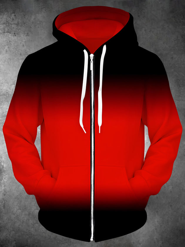 Adaychic Men's Gradient Black To Red Print Long Sleeve Zip-Up Hoodie