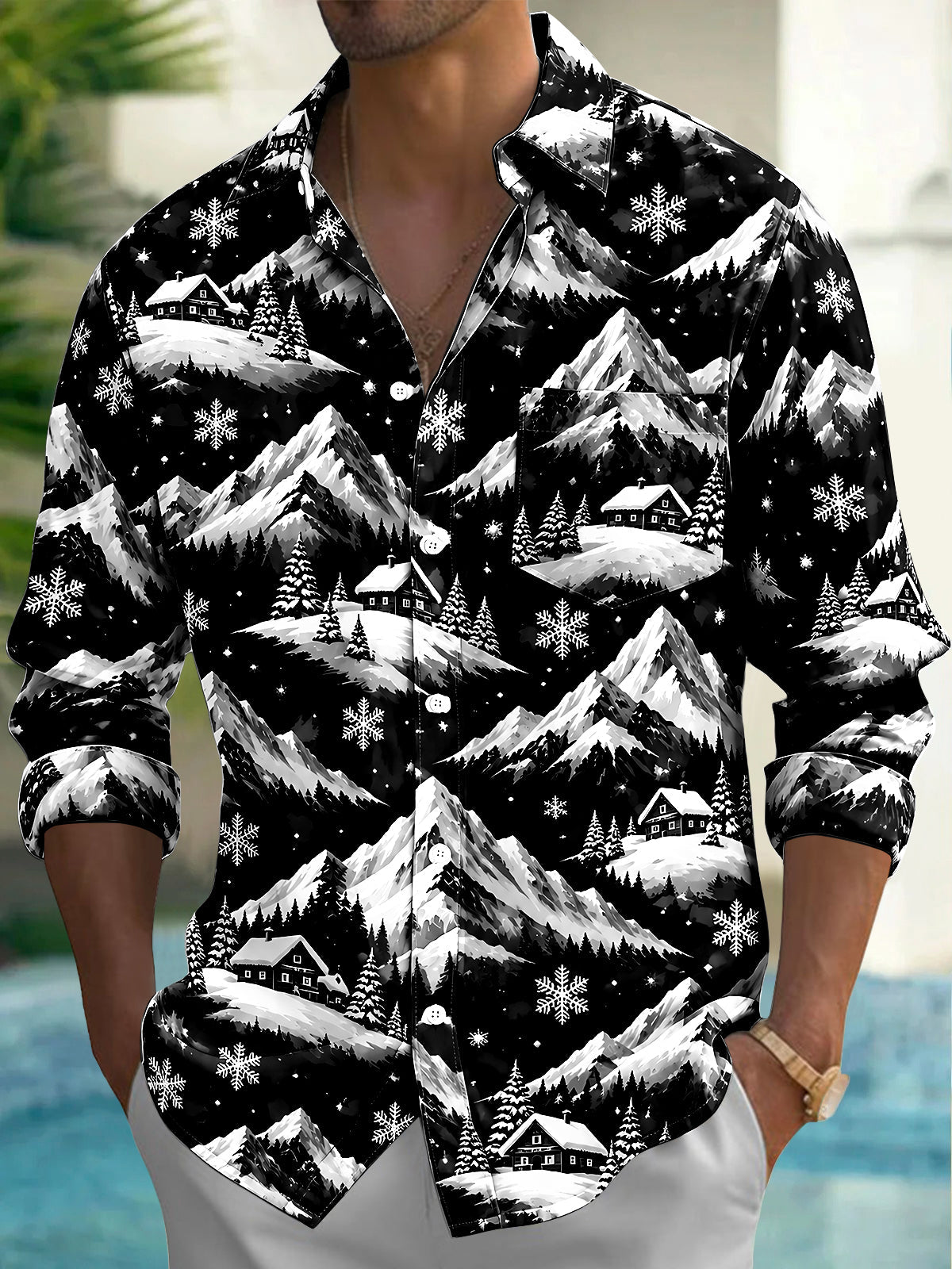 Adaychic Men's Printed Snowy Mountains And Cabins Print Long Sleeve Shirt with Chest Pocket
