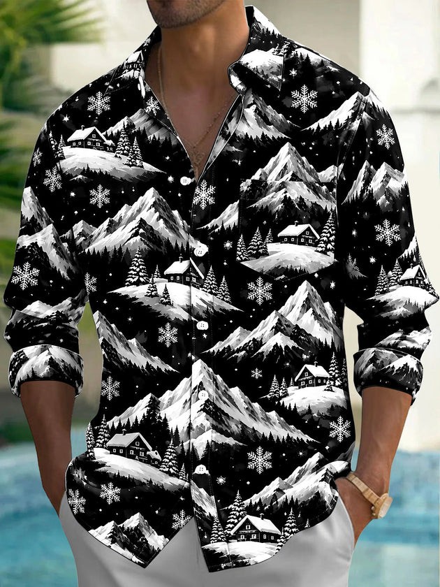 Adaychic Men's Printed Snowy Mountains And Cabins Print Long Sleeve Shirt with Chest Pocket