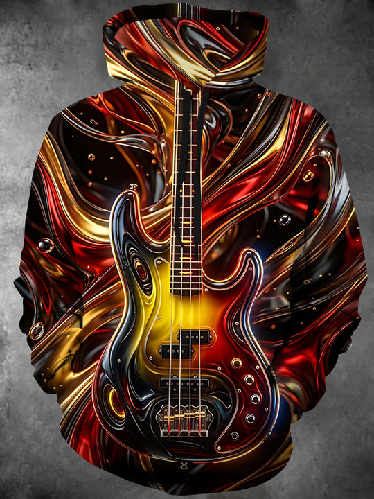 Adaychic Men's Abstract Liquid Metal Bass Guitar Print Long Sleeve Hoodie