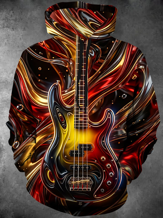 Adaychic Men's Abstract Liquid Metal Bass Guitar Print Long Sleeve Hoodie
