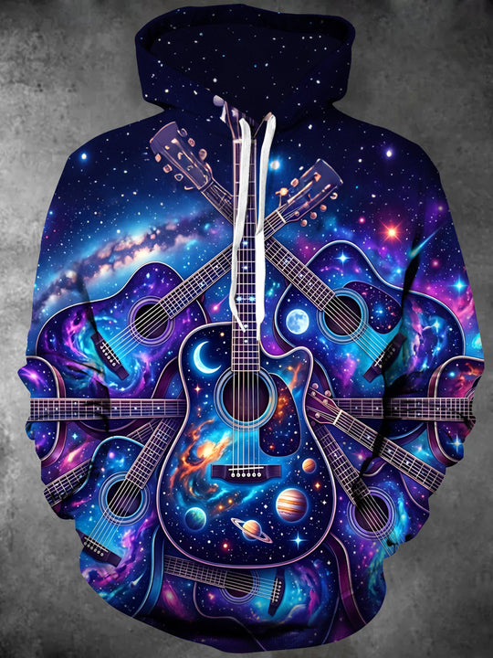 Adaychic Men's Graphic Guitars And Space Galaxy Print Long Sleeve Hoodie