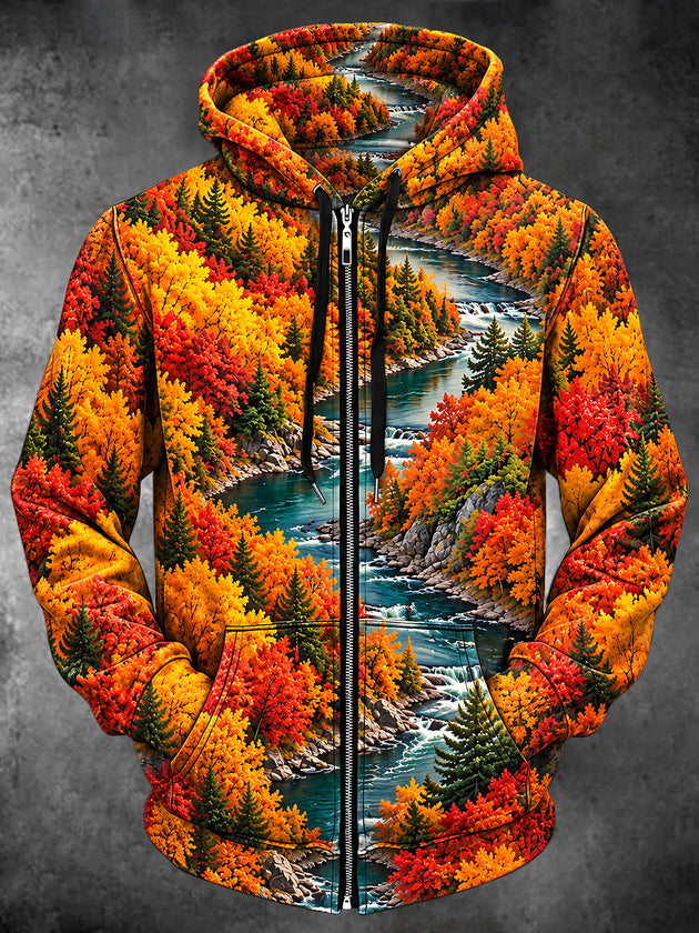 Adaychic Men's Autumn Forest River Landscape Print Long Sleeve Zip-Up Hoodie with Kangaroo Pocket