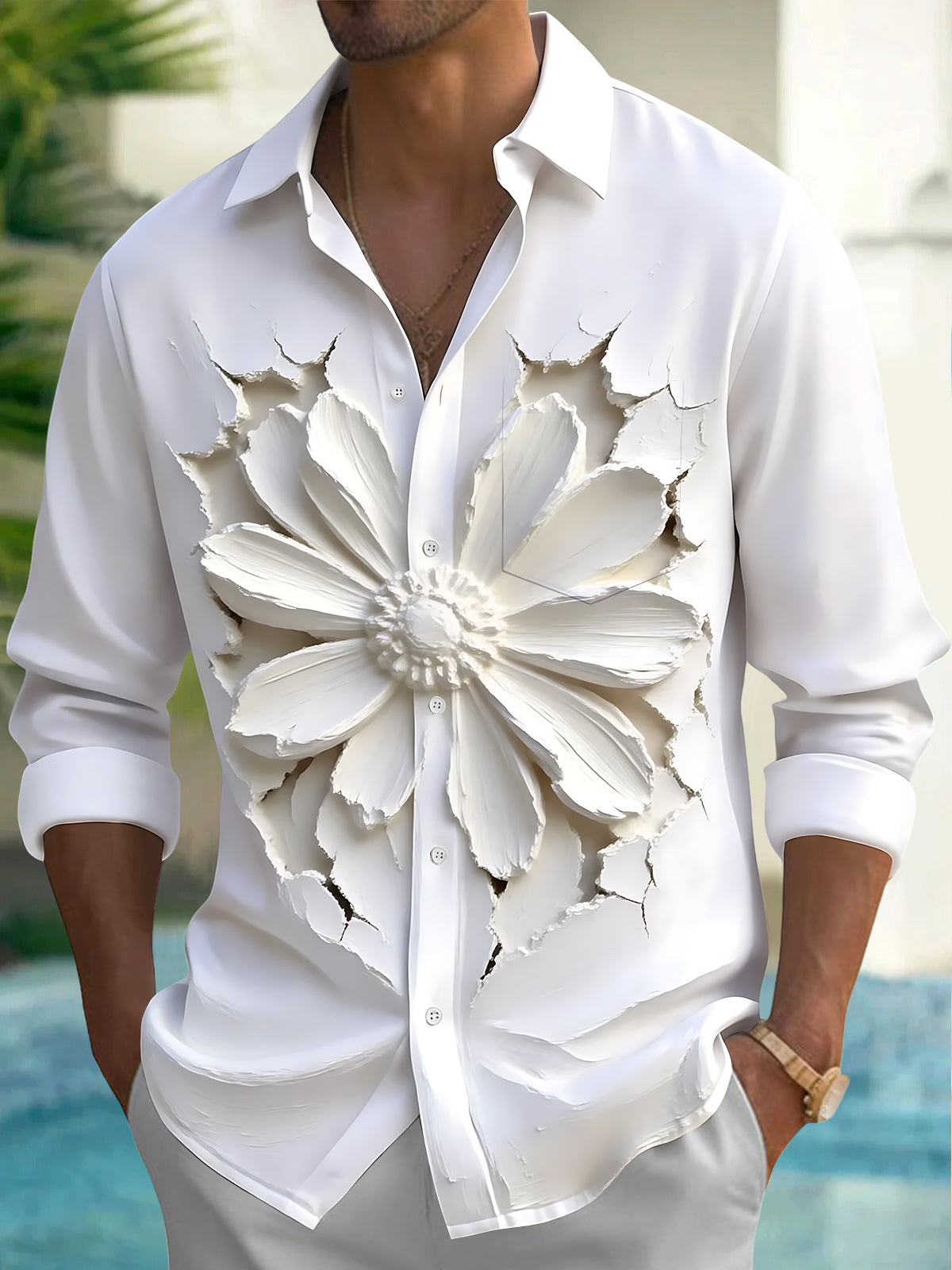 Adaychic Men's 3D 3D Relief Flower Print Long Sleeve Shirt with Chest Pocket