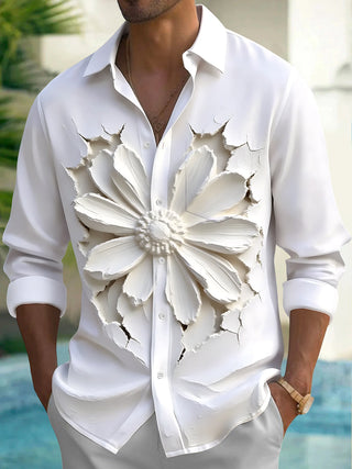 Adaychic Men's 3D 3D Relief Flower Print Long Sleeve Shirt with Chest Pocket