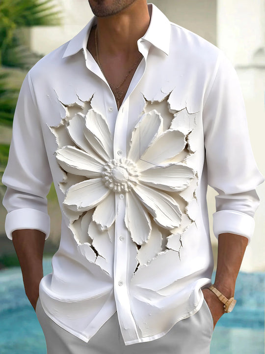 Adaychic Men's 3D 3D Relief Flower Print Long Sleeve Shirt with Chest Pocket