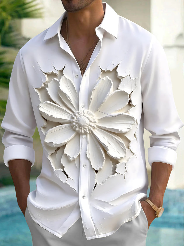 Adaychic Men's 3D 3D Relief Flower Print Long Sleeve Shirt with Chest Pocket