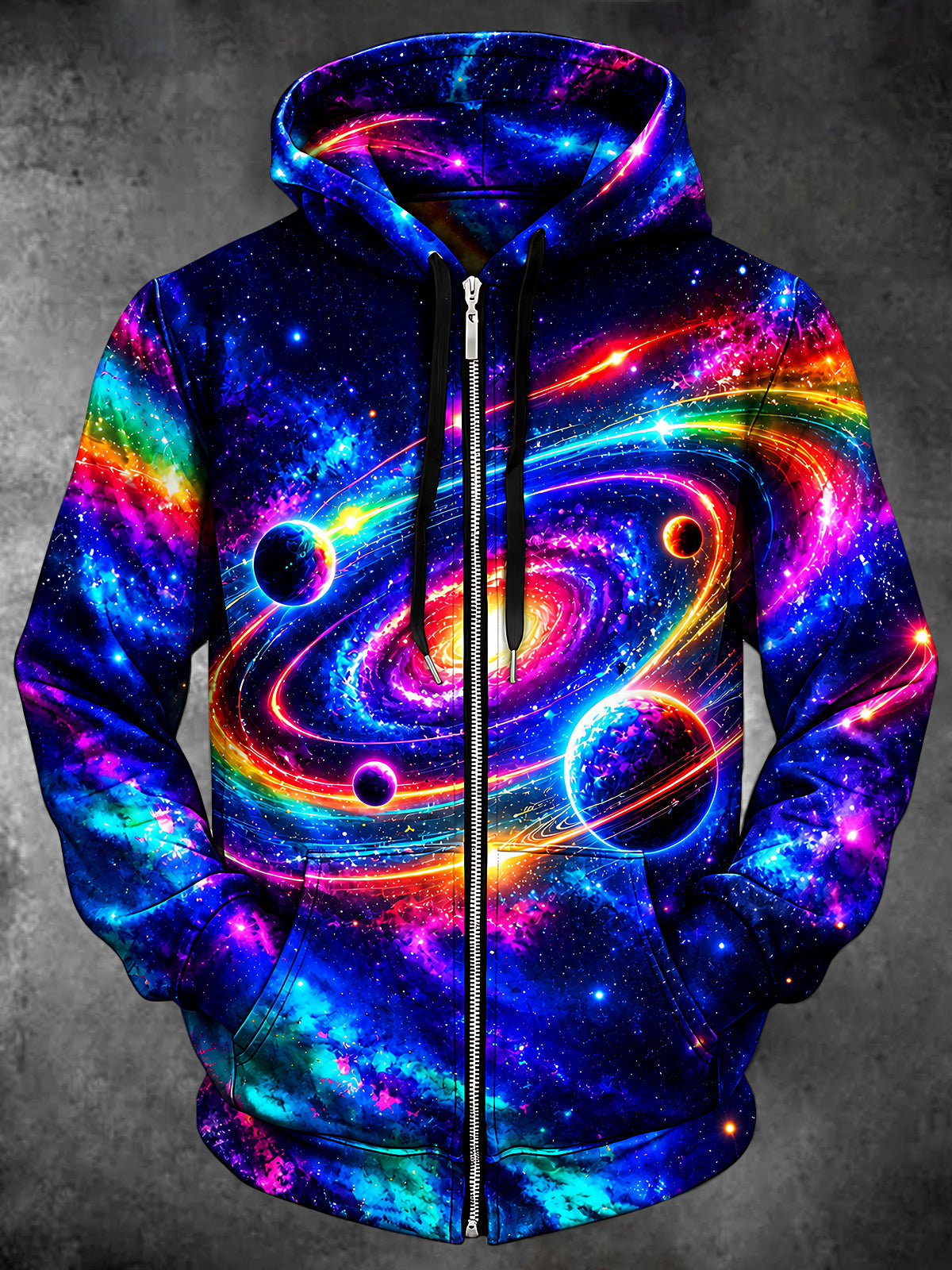 Adaychic Men's Galaxy Space Planets And Nebula Print Long Sleeve Zip-Up Hoodie with Kangaroo Pocket