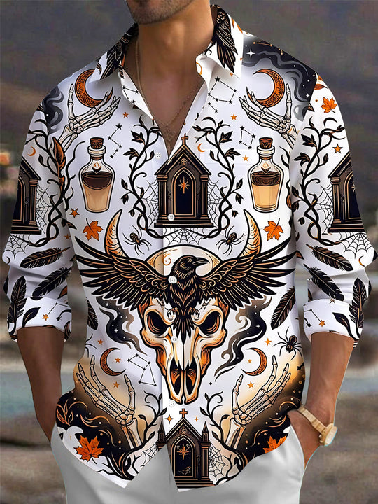 Adaychic Men's Graphic Halloween Skull And Raven Print Long Sleeve Shirt with Chest Pocket