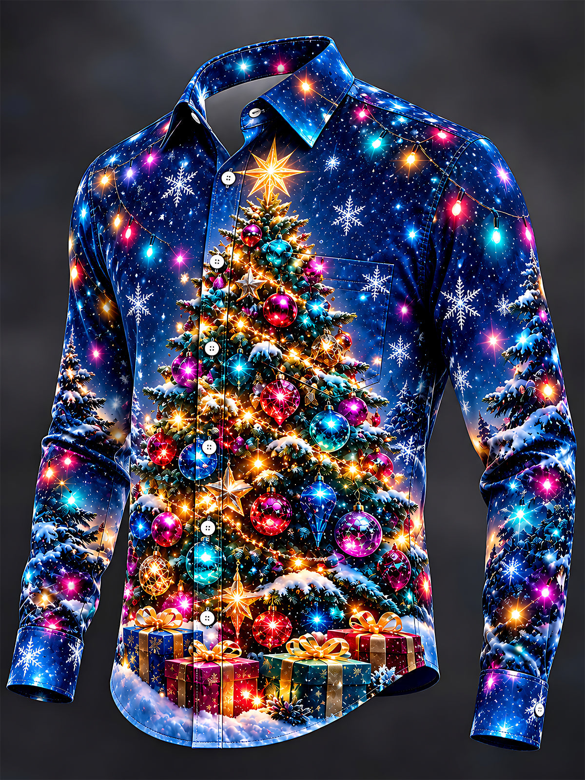 Adaychic Men's Christmas Tree With Ornaments And Gifts Print Long Sleeve Shirt with Chest Pocket