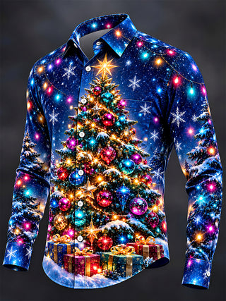 Adaychic Men's Christmas Tree With Ornaments And Gifts Print Long Sleeve Shirt with Chest Pocket
