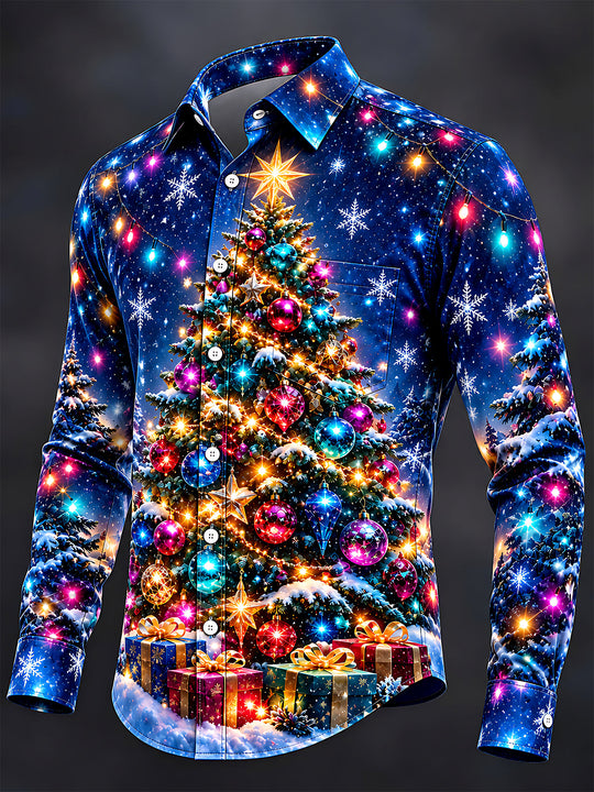Adaychic Men's Christmas Tree With Ornaments And Gifts Print Long Sleeve Shirt with Chest Pocket