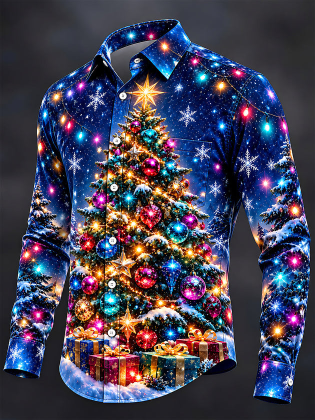 Adaychic Men's Christmas Tree With Ornaments And Gifts Print Long Sleeve Shirt with Chest Pocket