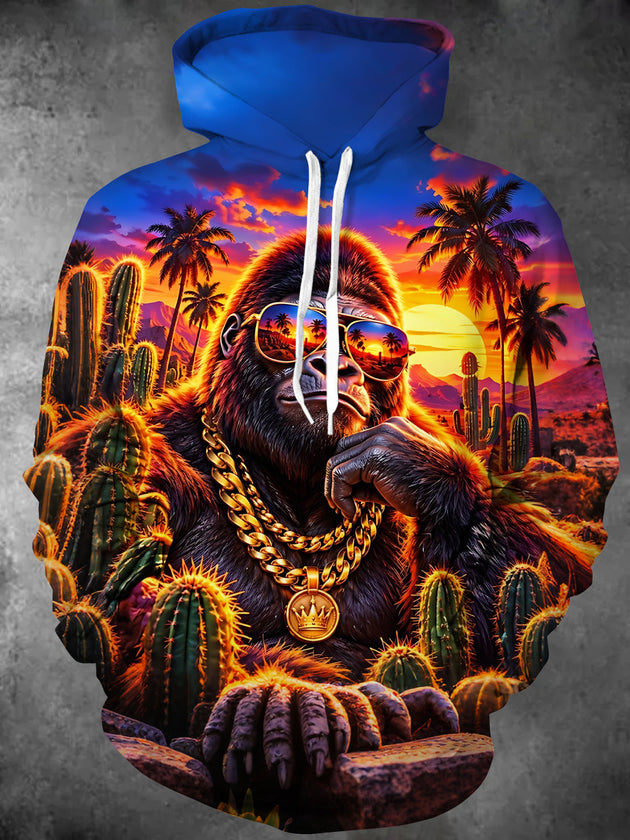 Adaychic Men's Long Sleeve Hoodie - Orangutan With Sunglasses And Gold Chain In Desert Sunset Print