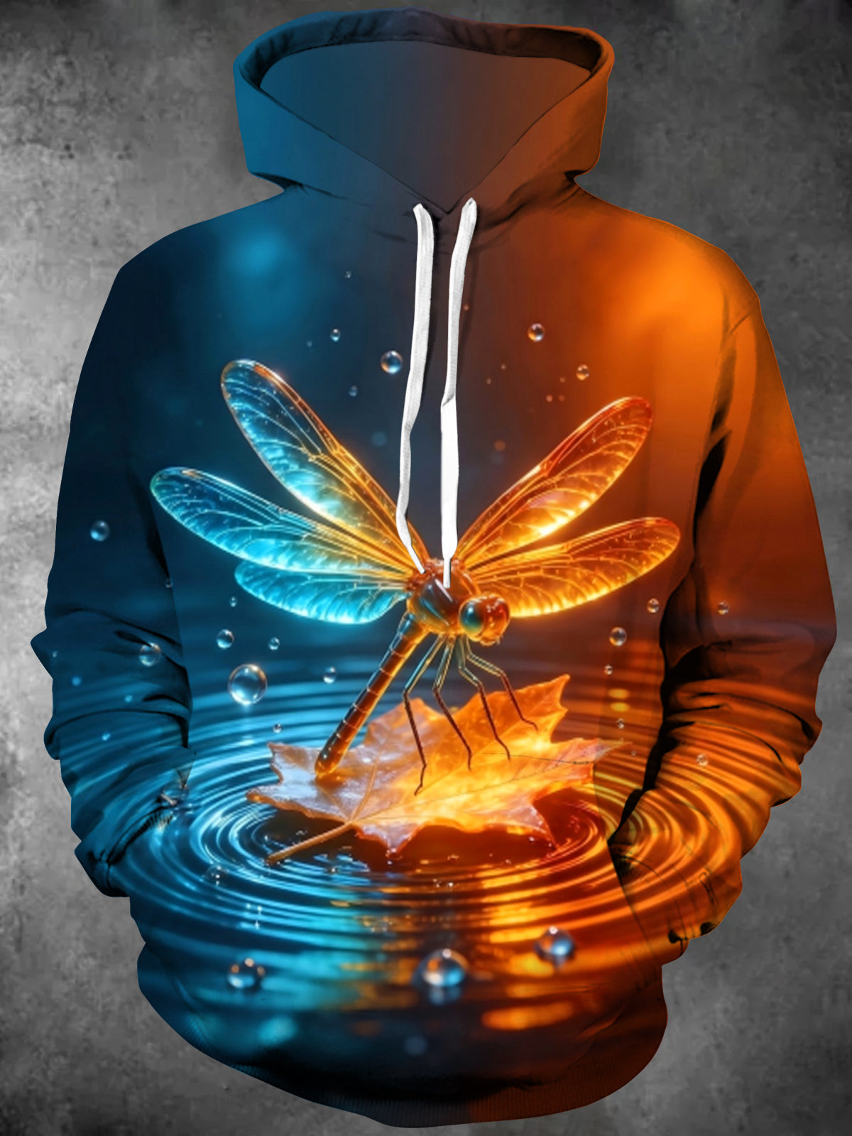 Adaychic Men's Graphic Dragonfly On Maple Leaf Print Long Sleeve Hoodie
