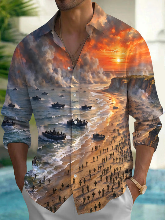 Adaychic Men's Long Sleeve Shirt - D-day Beach Landing Scene With Soldiers And Landing Craft Print with Chest Pocket