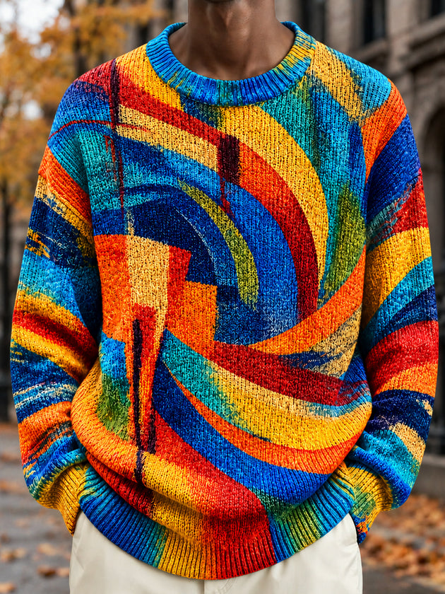 Adaychic Men's Abstract Swirling Colorful Pattern Long Sleeve Crew Neck Sweater