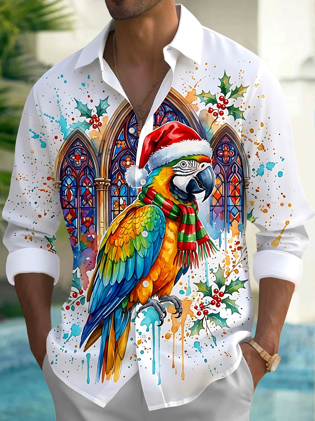 Adaychic Men's Long Sleeve Shirt - Christmas Parrot With Santa Hat And Scarf Print with Chest Pocket
