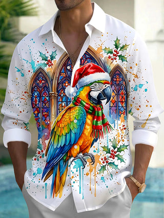 Adaychic Men's Long Sleeve Shirt - Christmas Parrot With Santa Hat And Scarf Print with Chest Pocket