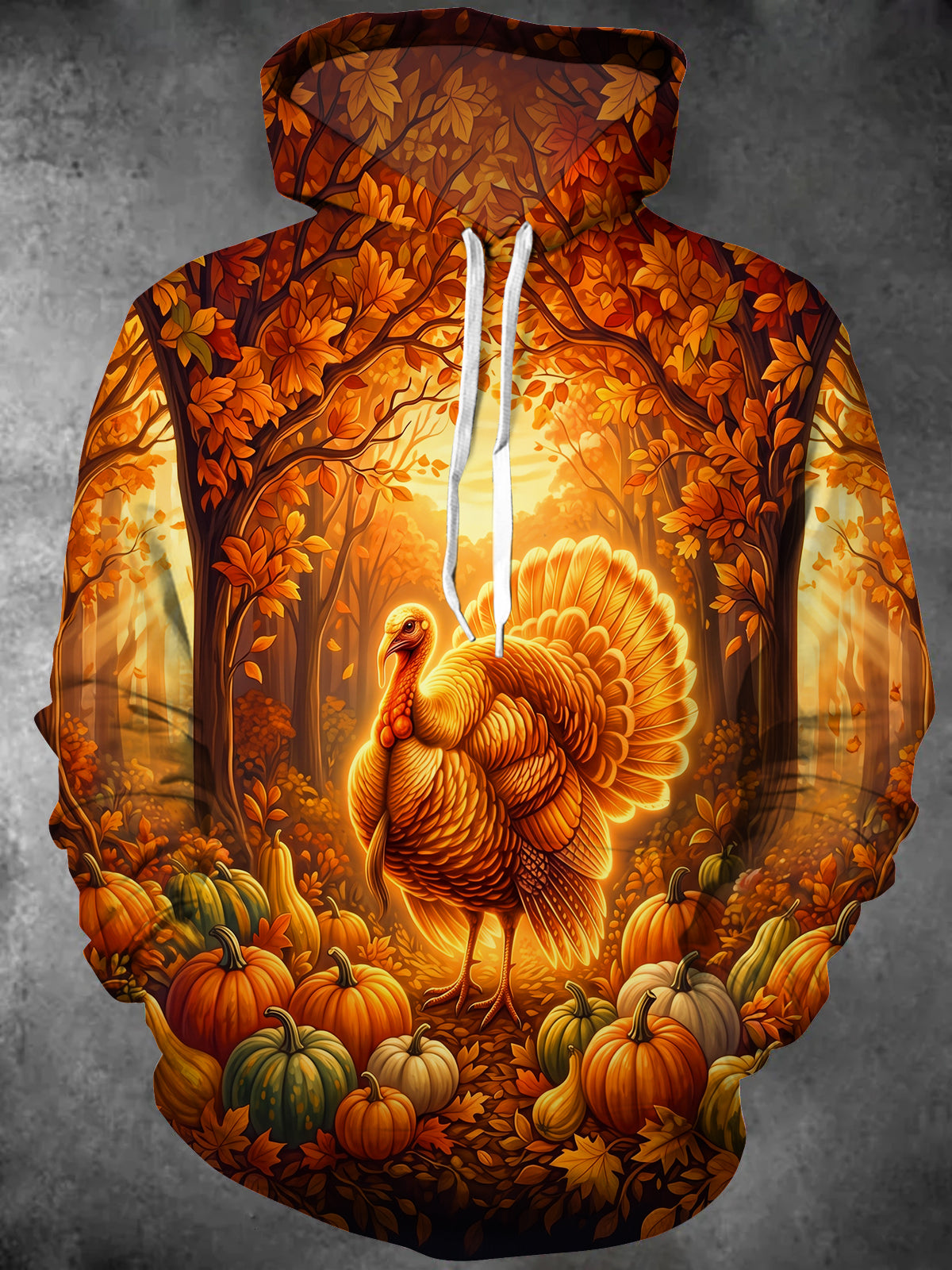 Adaychic Men's Long Sleeve Hoodie - Thanksgiving Autumn Forest Turkey And Pumpkins Print