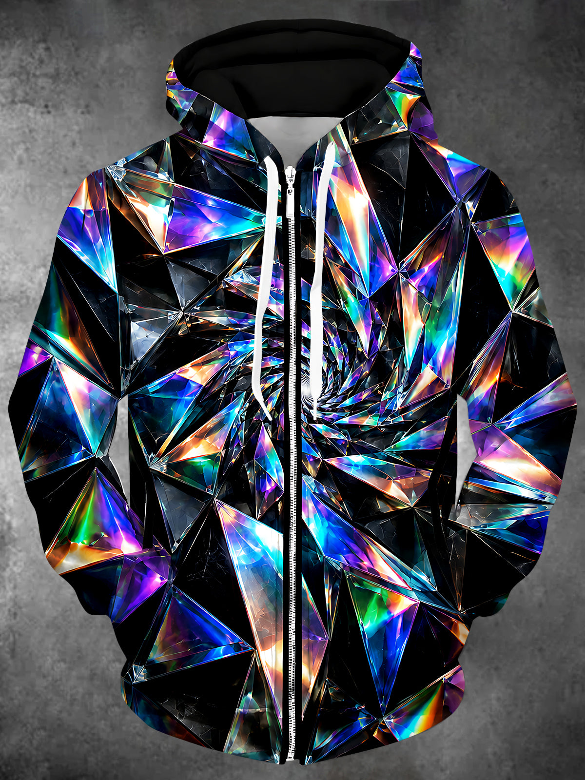 Adaychic Men's Long Sleeve Zip-Up Hoodie - Abstract Crystal Geometric Facets Print