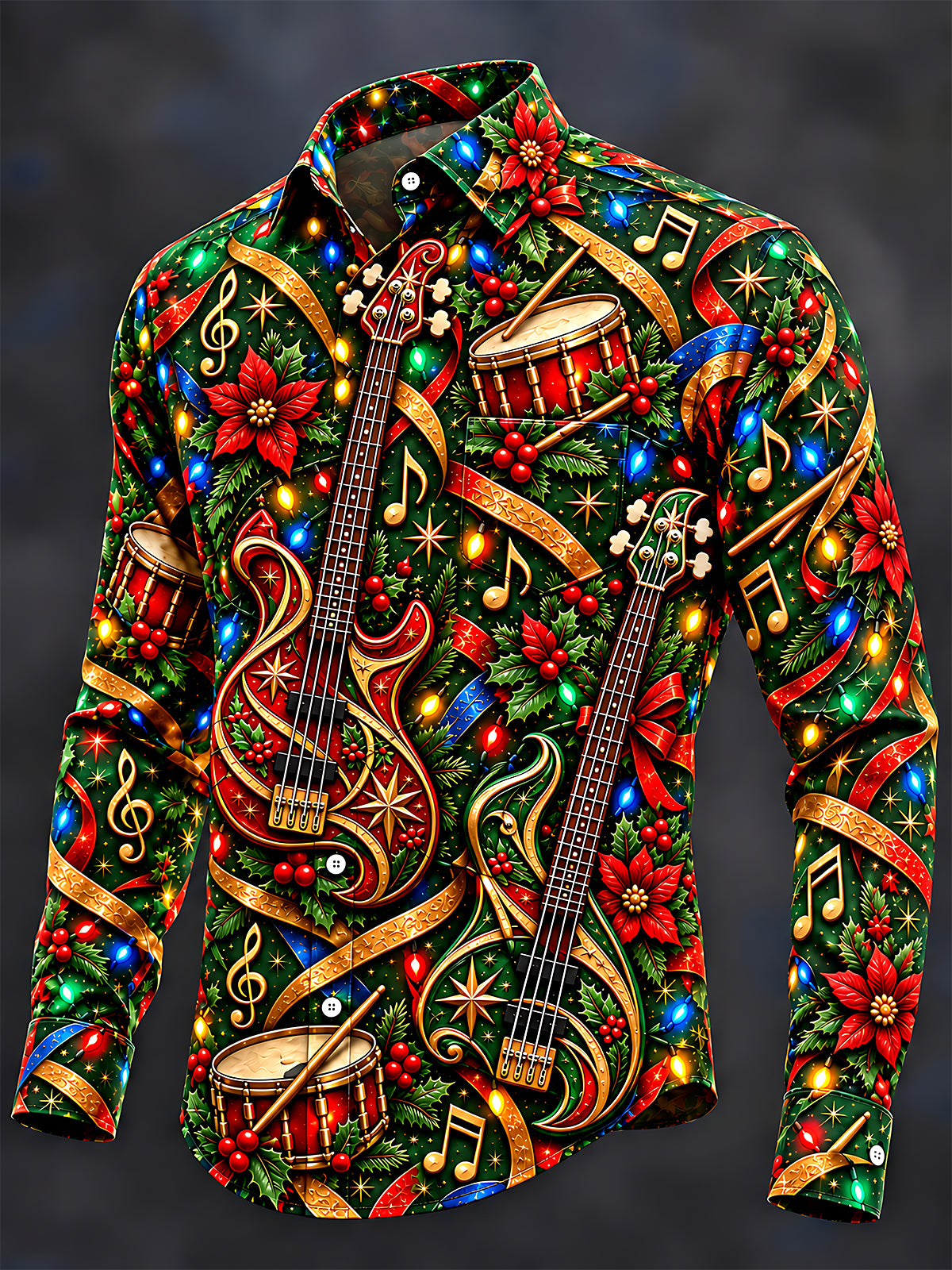 Adaychic Men's Long Sleeve Shirt - Bass Guitars And Drums With Christmas Motifs Print with Chest Pocket