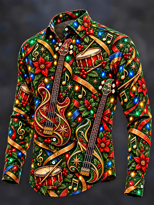 Adaychic Men's Long Sleeve Shirt - Bass Guitars And Drums With Christmas Motifs Print with Chest Pocket