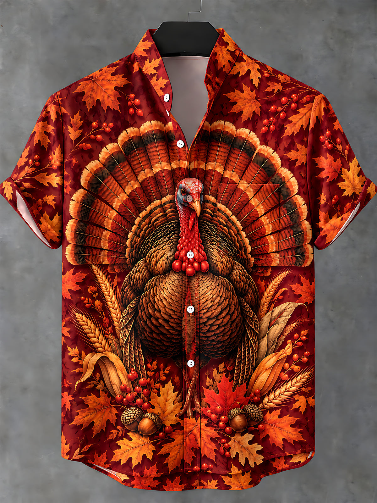 Adaychic Men's Thanksgiving Turkey And Autumn Leaves Print Short Sleeve Shirt with Chest Pocket