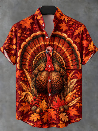 Adaychic Men's Thanksgiving Turkey And Autumn Leaves Print Short Sleeve Shirt with Chest Pocket