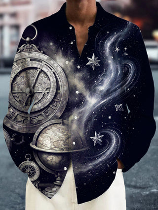 Adaychic Men's Vintage Astrolabe And Star Map Print Long Sleeve Shirt with Chest Pocket