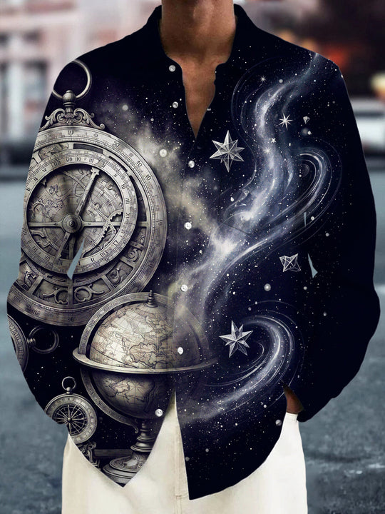 Adaychic Men's Vintage Astrolabe And Star Map Print Long Sleeve Shirt with Chest Pocket