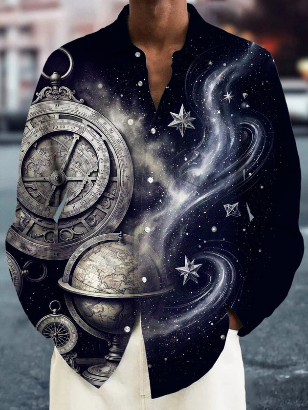Adaychic Men's Vintage Astrolabe And Star Map Print Long Sleeve Shirt with Chest Pocket