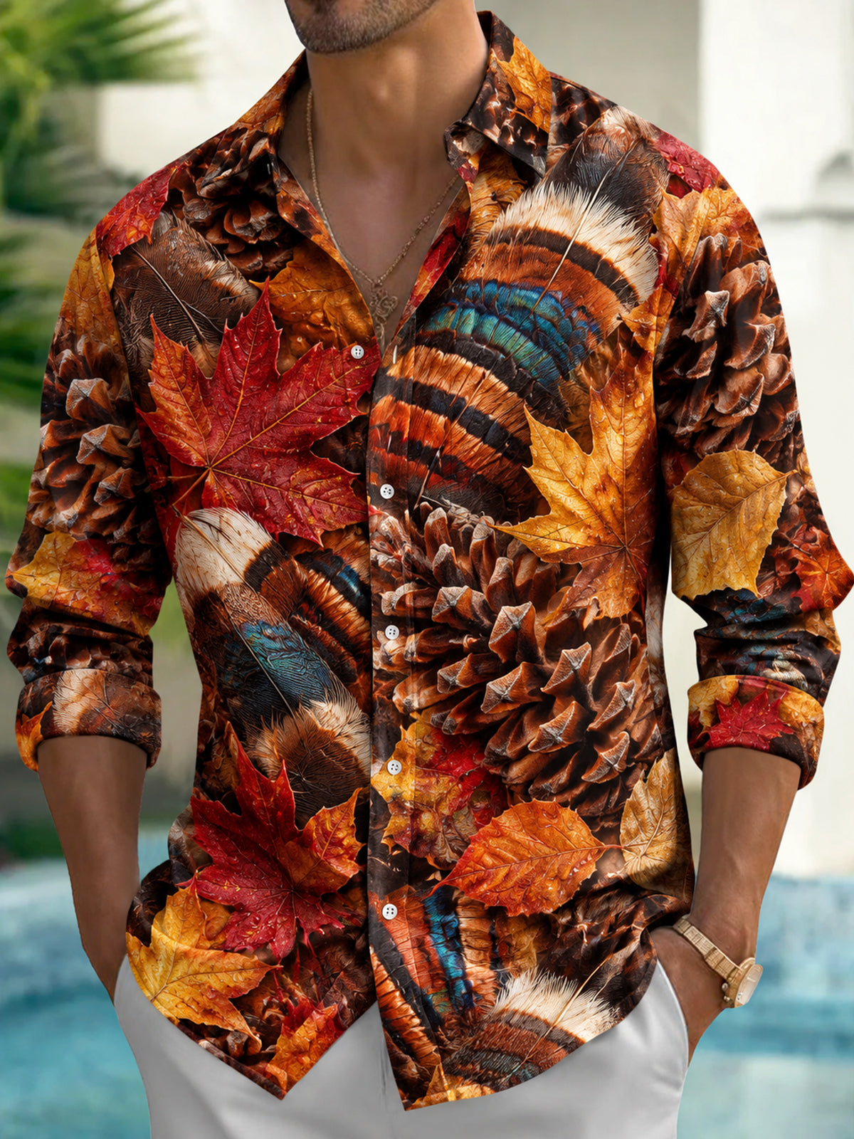 Adaychic Men's Thanksgiving Autumn Leaves And Pinecones Print Long Sleeve Shirt with Chest Pocket