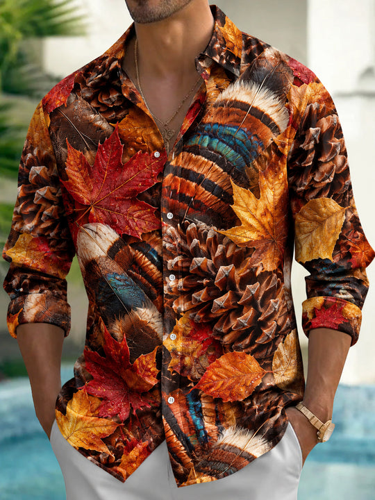 Adaychic Men's Thanksgiving Autumn Leaves And Pinecones Print Long Sleeve Shirt with Chest Pocket