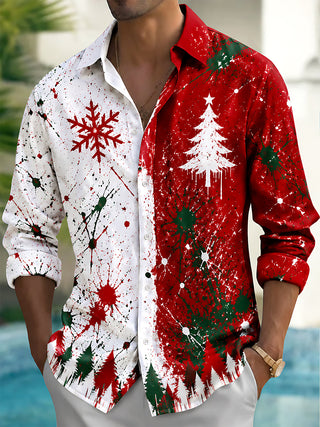 Adaychic Men's Long Sleeve Shirt - Christmas Tree And Snowflake With Paint Splatter Print with Chest Pocket