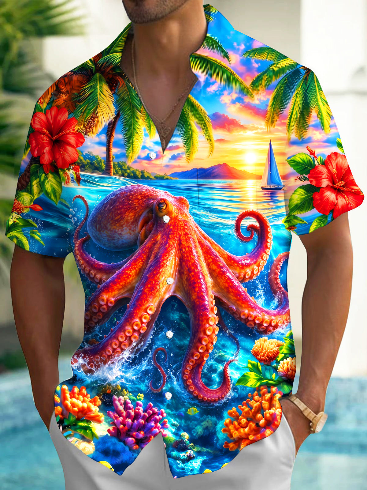 Adaychic Men's Hawaiian Octopus And Coral Reef Print Short Sleeve Shirt with Chest Pocket