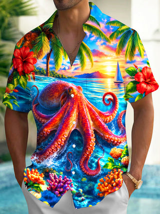 Adaychic Men's Hawaiian Octopus And Coral Reef Print Short Sleeve Shirt with Chest Pocket