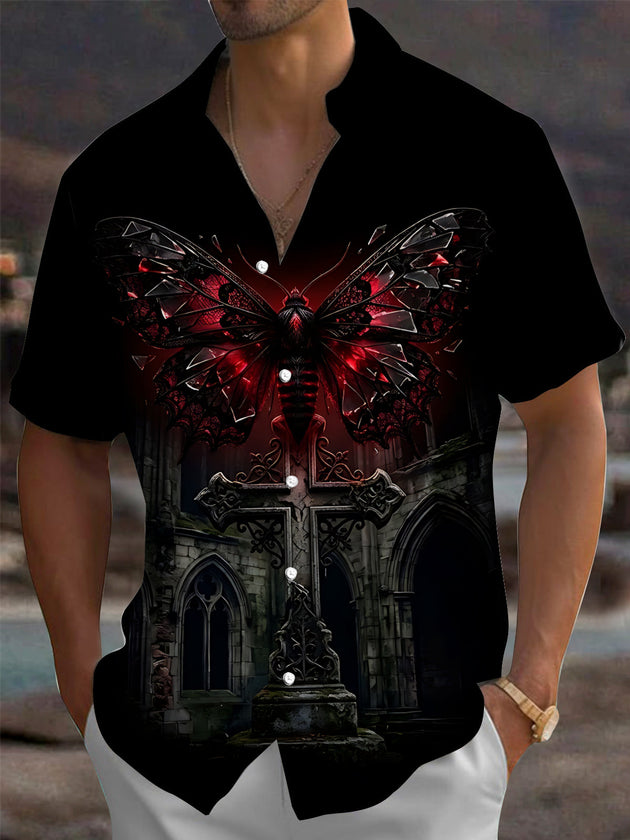Adaychic Men's Graphic Gothic Moth And Cross Print Short Sleeve Shirt with Chest Pocket