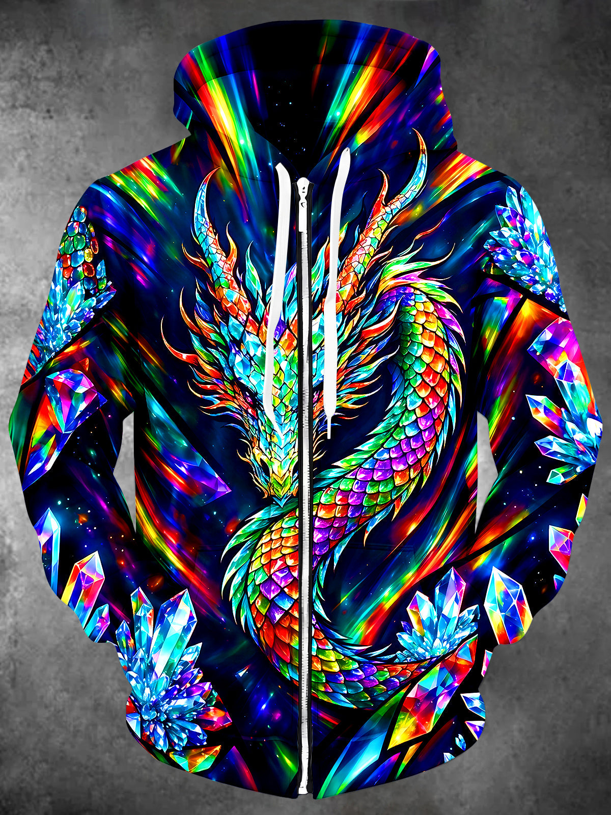 Adaychic Men's Colorful Crystal Dragon Print Long Sleeve Zip-Up Hoodie with Kangaroo Pocket