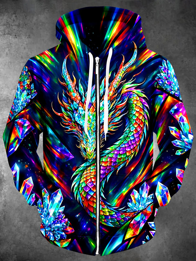 Adaychic Men's Colorful Crystal Dragon Print Long Sleeve Zip-Up Hoodie with Kangaroo Pocket