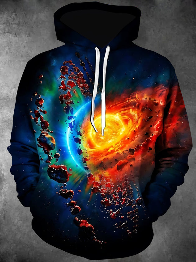 Adaychic Men's Cosmic Planet And Meteorite Debris Print Long Sleeve Hoodie
