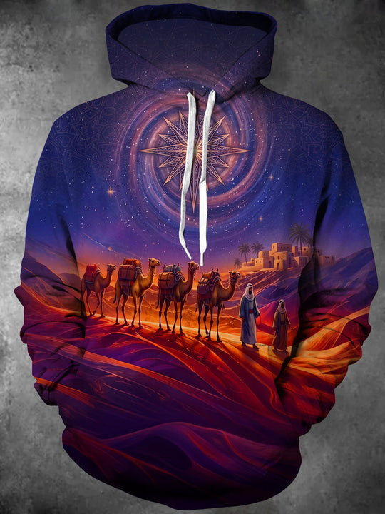 Adaychic Men's Long Sleeve Hoodie - Desert Camel Caravan And Starry Night Sky Print