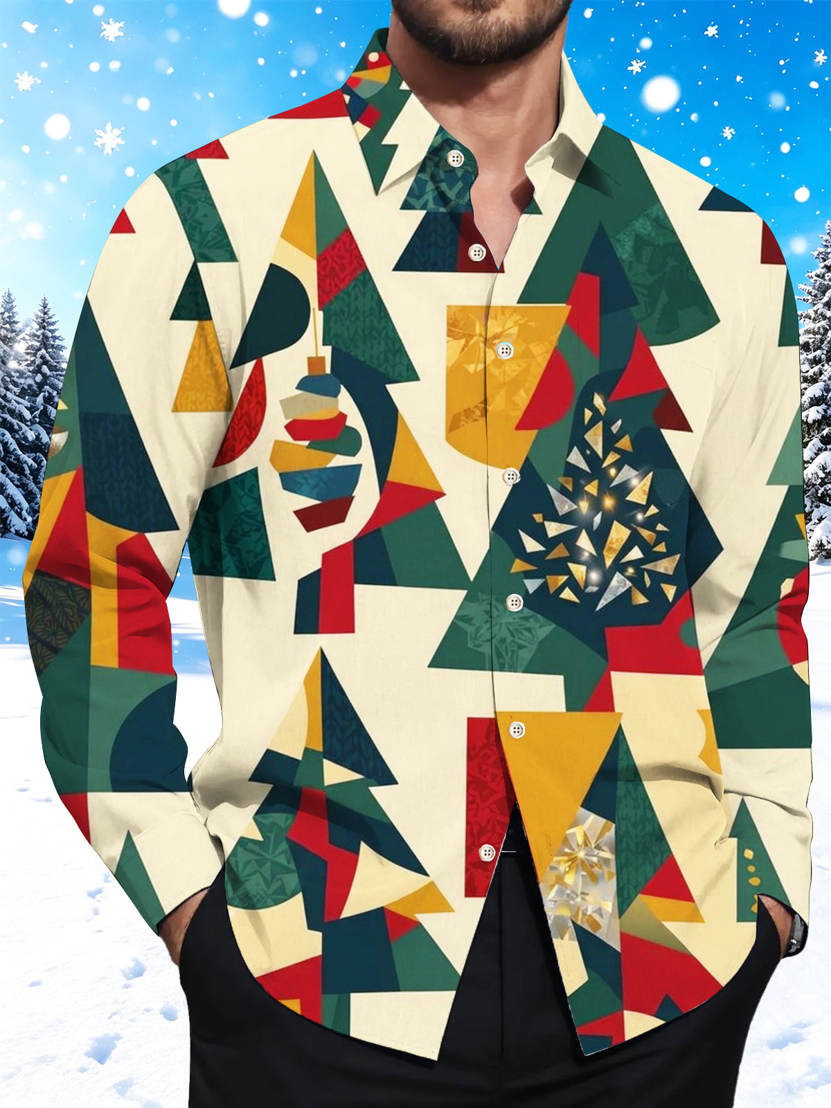 Adaychic Men's Geometric Christmas Trees And Ornaments Print Long Sleeve Shirt with Chest Pocket