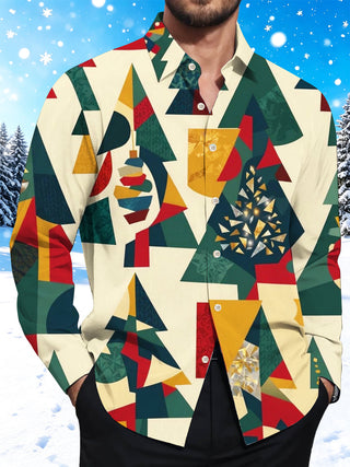 Adaychic Men's Geometric Christmas Trees And Ornaments Print Long Sleeve Shirt with Chest Pocket